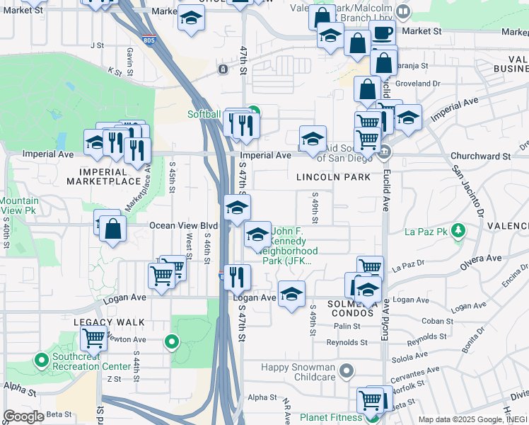 map of restaurants, bars, coffee shops, grocery stores, and more near 445 South 47th Street in San Diego