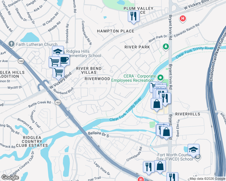 map of restaurants, bars, coffee shops, grocery stores, and more near 3220 River Lodge Trail South in Fort Worth