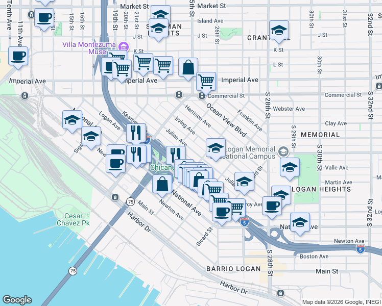 map of restaurants, bars, coffee shops, grocery stores, and more near 2009 Julian Avenue in San Diego