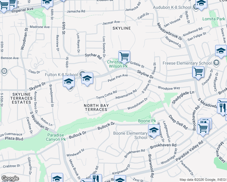 map of restaurants, bars, coffee shops, grocery stores, and more near 90 Danawoods Lane in San Diego