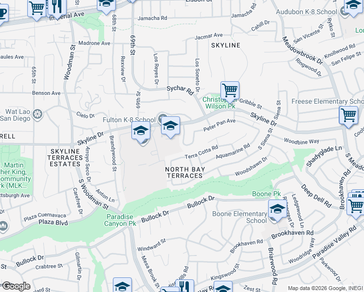 map of restaurants, bars, coffee shops, grocery stores, and more near 162 Buccaneer Drive in San Diego