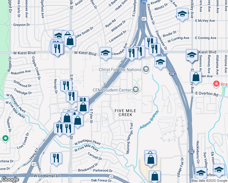 map of restaurants, bars, coffee shops, grocery stores, and more near 3400 Marvin D Love Freeway in Dallas