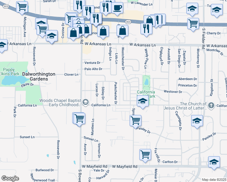 map of restaurants, bars, coffee shops, grocery stores, and more near 2718 Parkchester Drive in Arlington