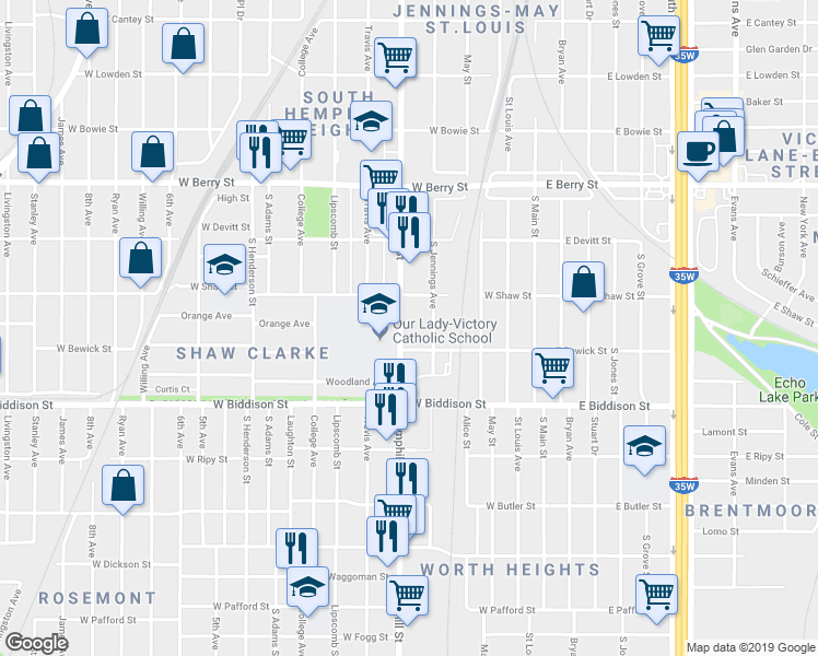 map of restaurants, bars, coffee shops, grocery stores, and more near in Fort Worth