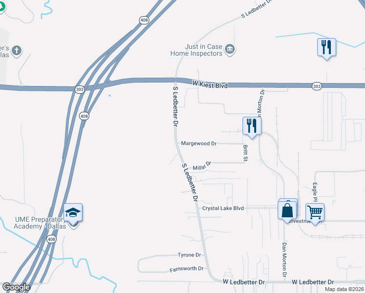 map of restaurants, bars, coffee shops, grocery stores, and more near 3500 South Ledbetter Drive in Dallas