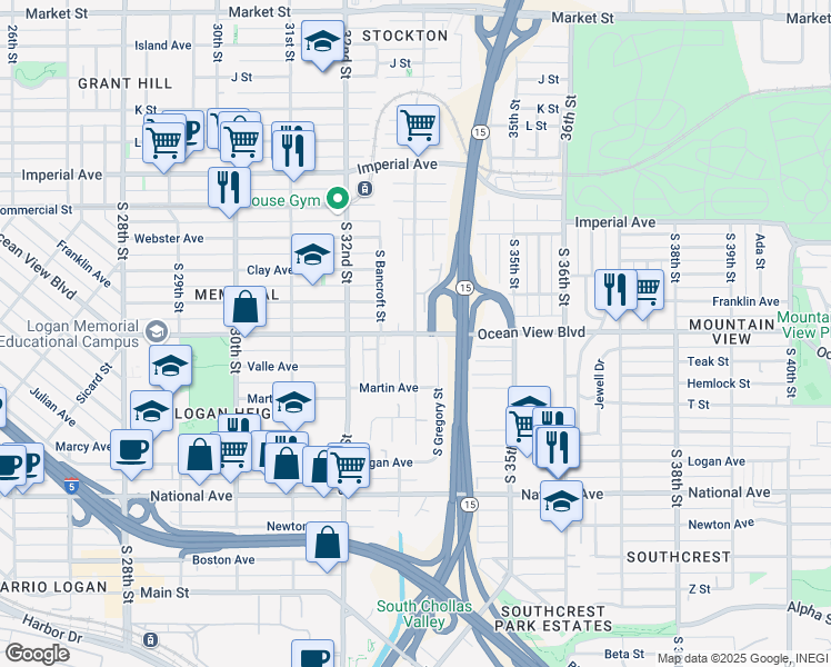 map of restaurants, bars, coffee shops, grocery stores, and more near Ocean View Boulevard & South 33rd Street in San Diego