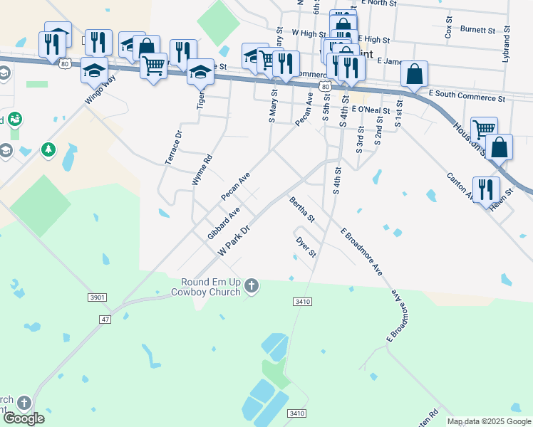 map of restaurants, bars, coffee shops, grocery stores, and more near 927 West Park Drive in Wills Point