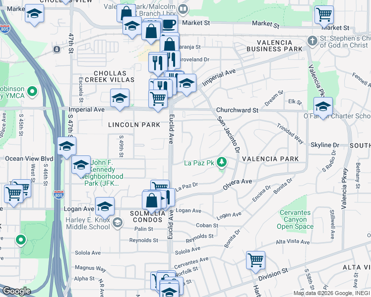 map of restaurants, bars, coffee shops, grocery stores, and more near 337 Santa Rosalia Drive in San Diego