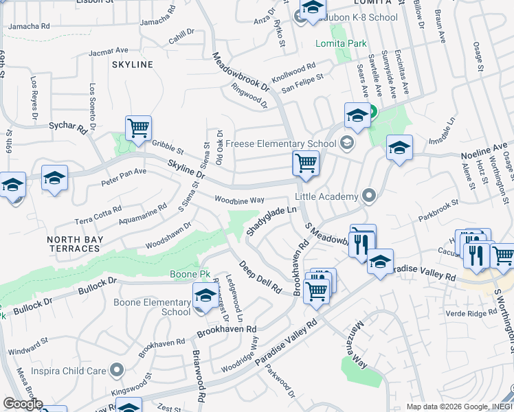 map of restaurants, bars, coffee shops, grocery stores, and more near 7693 Woodbine Way in San Diego