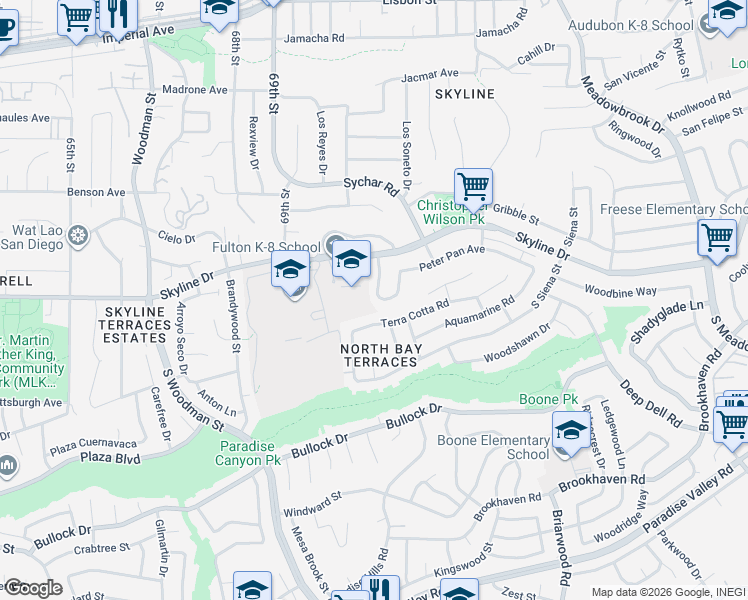 map of restaurants, bars, coffee shops, grocery stores, and more near 162 Buccaneer Drive in San Diego