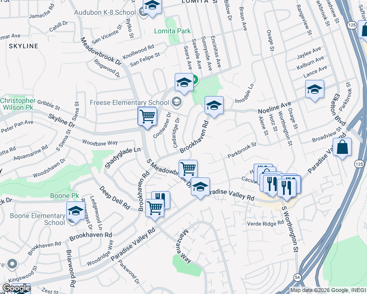 map of restaurants, bars, coffee shops, grocery stores, and more near 8124 Brookhaven Road in San Diego