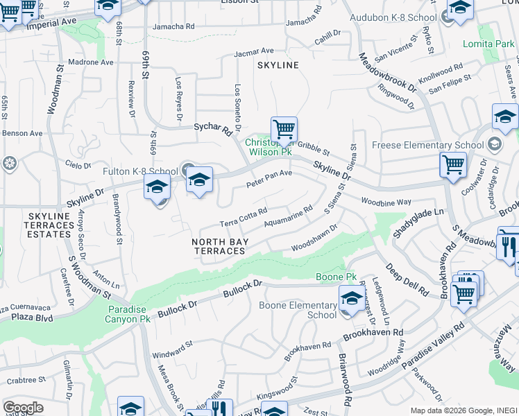 map of restaurants, bars, coffee shops, grocery stores, and more near 90 Danawoods Lane in San Diego