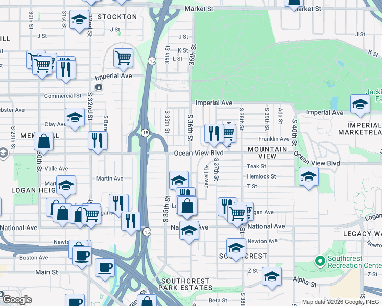 map of restaurants, bars, coffee shops, grocery stores, and more near Ocean View Blvd & S 36th St in San Diego