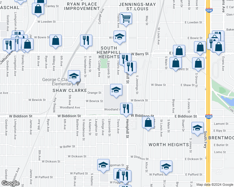 map of restaurants, bars, coffee shops, grocery stores, and more near 801 West Shaw Street in Fort Worth