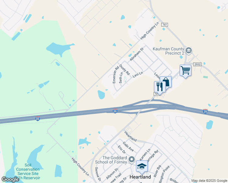 map of restaurants, bars, coffee shops, grocery stores, and more near 875 Levi Lane in Forney