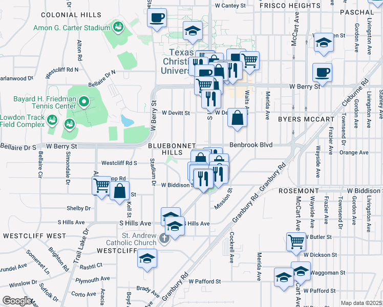 map of restaurants, bars, coffee shops, grocery stores, and more near 3310 Rogers Avenue in Fort Worth