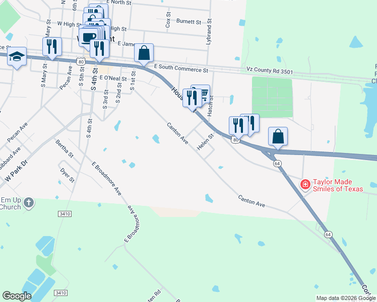 map of restaurants, bars, coffee shops, grocery stores, and more near 908 Canton Avenue in Wills Point