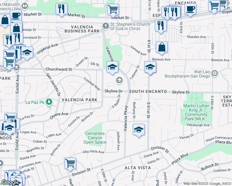 map of restaurants, bars, coffee shops, grocery stores, and more near 5859 Skyline Drive in San Diego