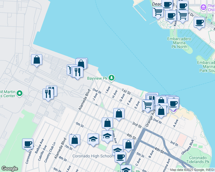 map of restaurants, bars, coffee shops, grocery stores, and more near 120 I Avenue in Coronado