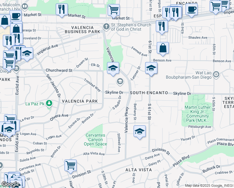 map of restaurants, bars, coffee shops, grocery stores, and more near 5859 Skyline Drive in San Diego