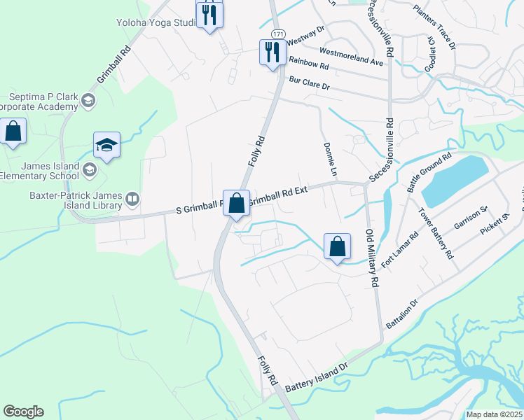 map of restaurants, bars, coffee shops, grocery stores, and more near 1592 Grimball Road Extension in Charleston