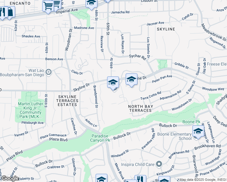 map of restaurants, bars, coffee shops, grocery stores, and more near 6905 Skyline Drive in San Diego