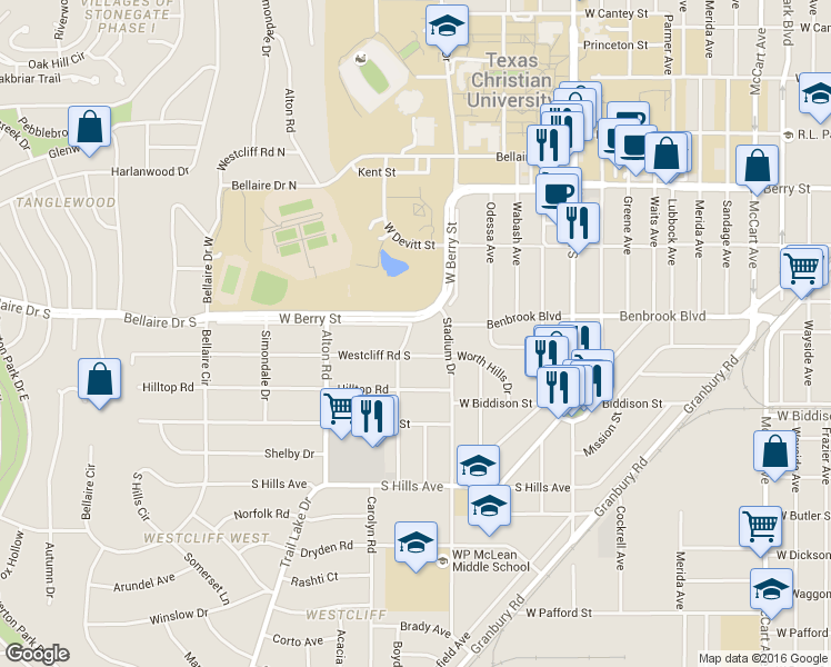 map of restaurants, bars, coffee shops, grocery stores, and more near 3425 Bellaire Dr S in Fort Worth
