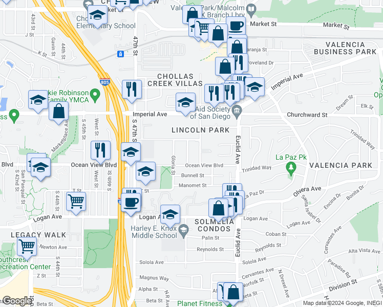 map of restaurants, bars, coffee shops, grocery stores, and more near 348 South Willie James Jones Avenue in San Diego
