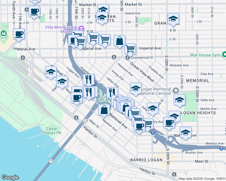 map of restaurants, bars, coffee shops, grocery stores, and more near 2009 Julian Avenue in San Diego