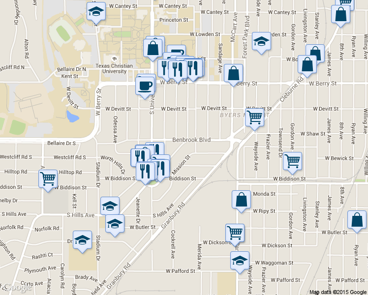 map of restaurants, bars, coffee shops, grocery stores, and more near 2817 Benbrook Boulevard in Fort Worth