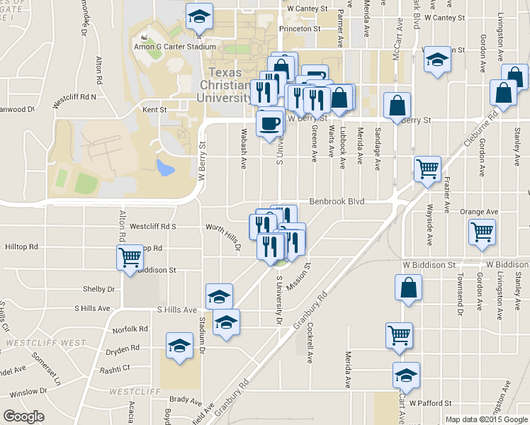 map of restaurants, bars, coffee shops, grocery stores, and more near 3304 Rogers Avenue in Fort Worth