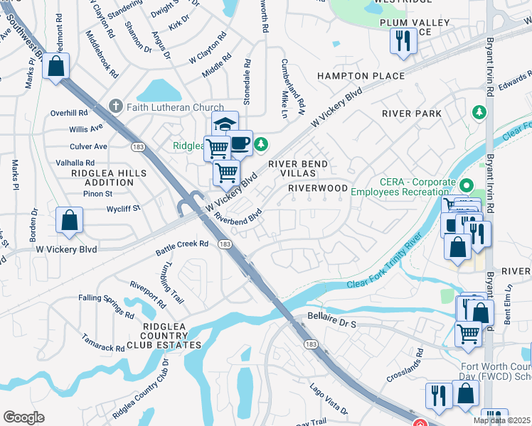 map of restaurants, bars, coffee shops, grocery stores, and more near 3441 Riverstone Circle North in Fort Worth