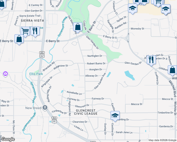 map of restaurants, bars, coffee shops, grocery stores, and more near 2404 Annglen Drive in Fort Worth