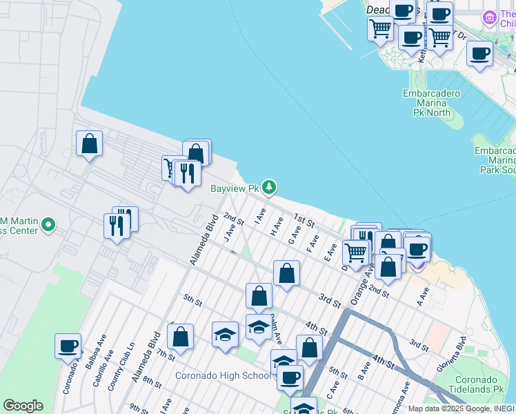 map of restaurants, bars, coffee shops, grocery stores, and more near 120 I Avenue in Coronado