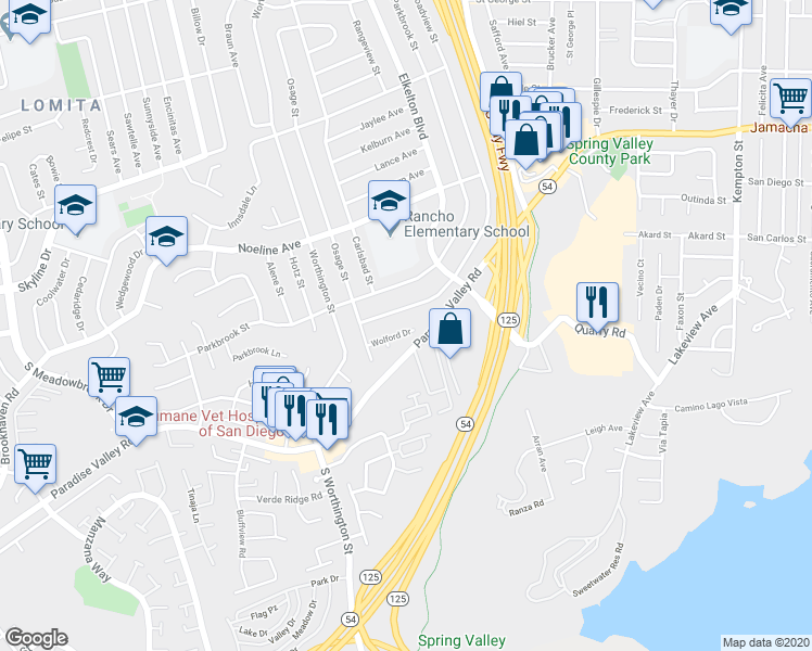 map of restaurants, bars, coffee shops, grocery stores, and more near 456 Wolford Drive in Spring Valley