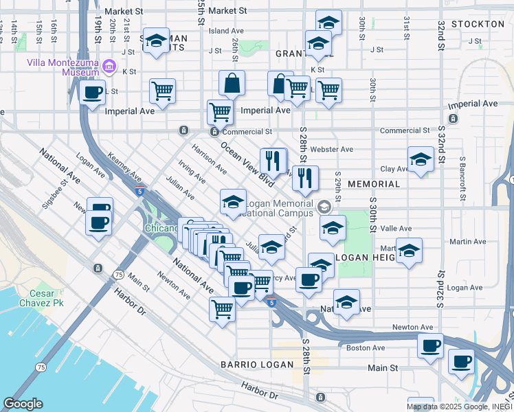 map of restaurants, bars, coffee shops, grocery stores, and more near 2177 Harrison Avenue in San Diego