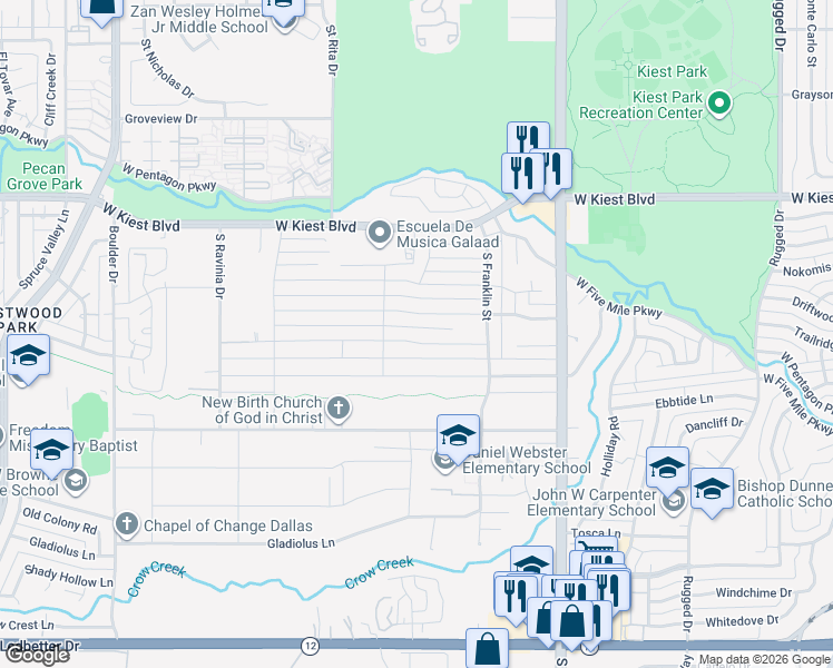 map of restaurants, bars, coffee shops, grocery stores, and more near 2631 Woodmere Drive in Dallas