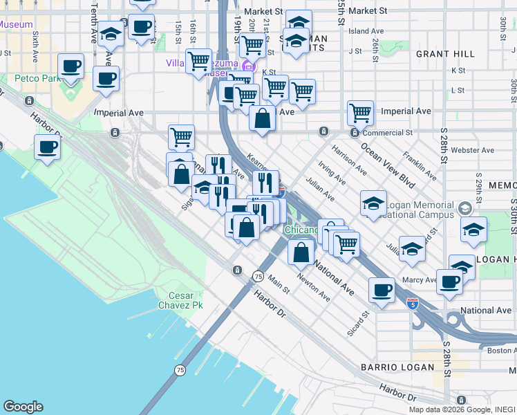 map of restaurants, bars, coffee shops, grocery stores, and more near 1852 National Avenue in San Diego