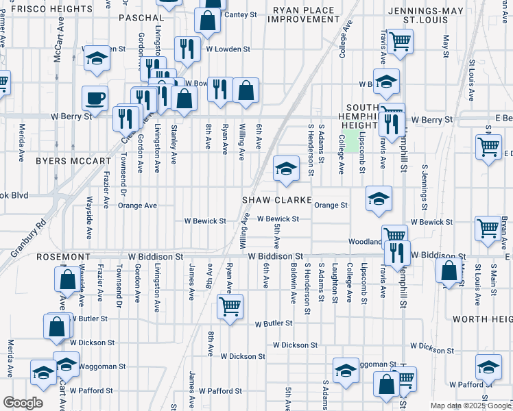 map of restaurants, bars, coffee shops, grocery stores, and more near 1329 Orange Avenue in Fort Worth