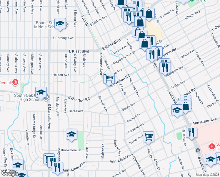 map of restaurants, bars, coffee shops, grocery stores, and more near 1406 East Overton Road in Dallas