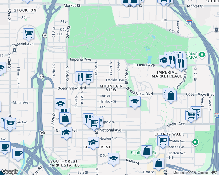 map of restaurants, bars, coffee shops, grocery stores, and more near 3874 Ocean View Boulevard in San Diego
