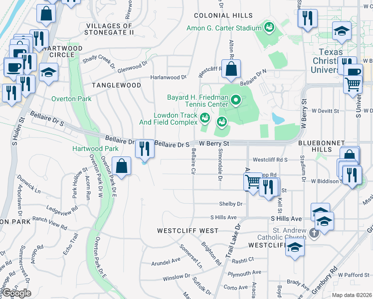 map of restaurants, bars, coffee shops, grocery stores, and more near 3813 Bellaire Drive South in Fort Worth
