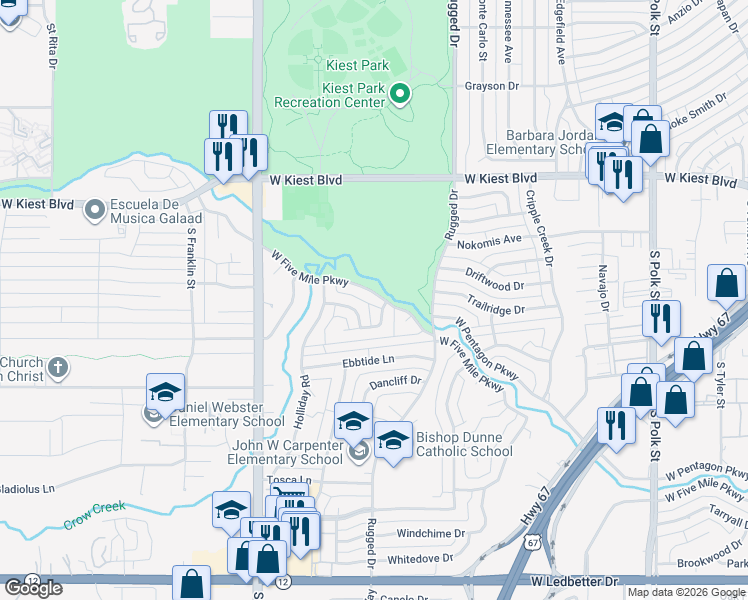map of restaurants, bars, coffee shops, grocery stores, and more near 2014 West Five Mile Parkway in Dallas