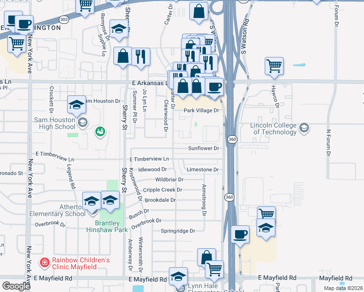 map of restaurants, bars, coffee shops, grocery stores, and more near 2415 Sunflower Drive in Arlington