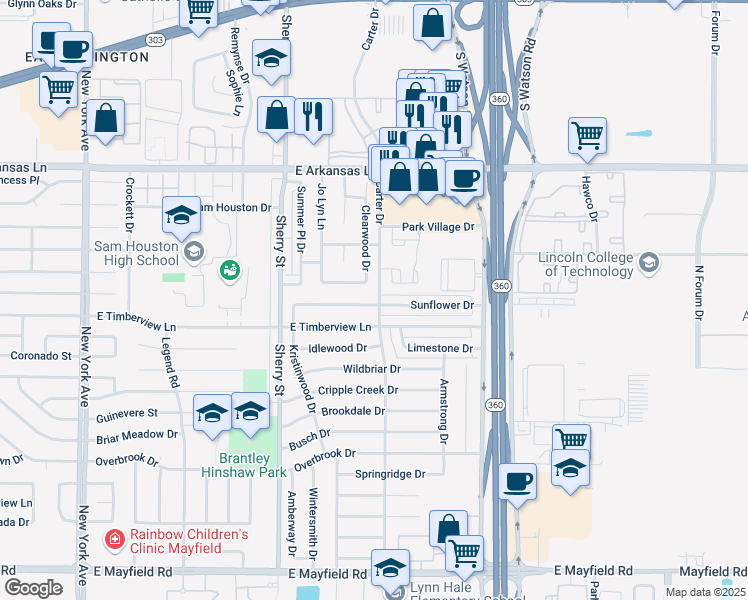 map of restaurants, bars, coffee shops, grocery stores, and more near 2339 Sunflower Drive in Arlington