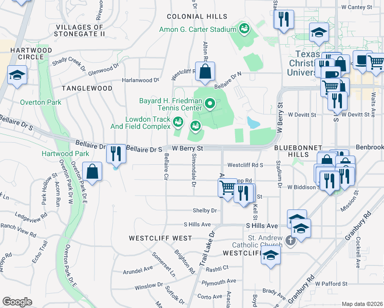 map of restaurants, bars, coffee shops, grocery stores, and more near 3701 Bellaire Drive South in Fort Worth
