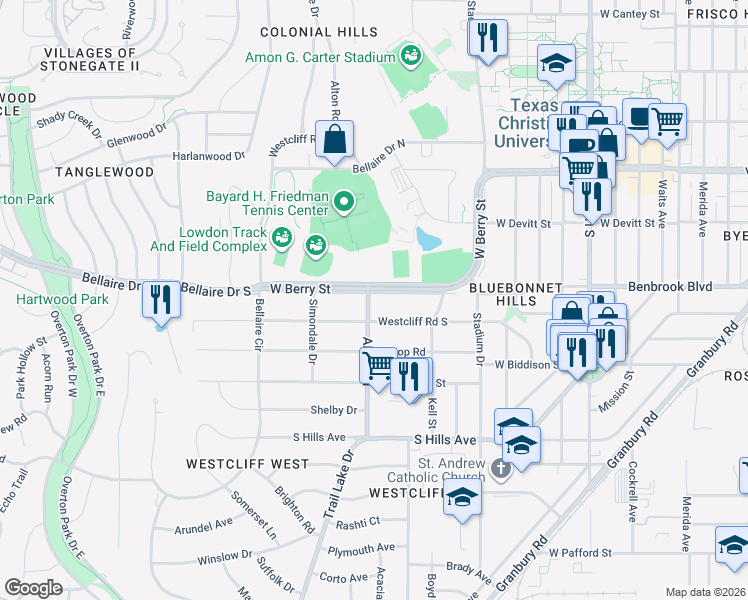 map of restaurants, bars, coffee shops, grocery stores, and more near 3565 Bellaire Drive South in Fort Worth