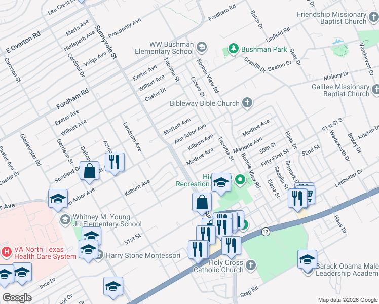 map of restaurants, bars, coffee shops, grocery stores, and more near 2828 Kilburn Avenue in Dallas