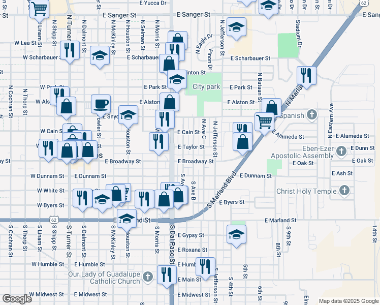 map of restaurants, bars, coffee shops, grocery stores, and more near 108 North Avenue A in Hobbs