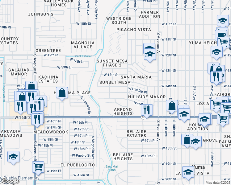 map of restaurants, bars, coffee shops, grocery stores, and more near 1576 West Las Lomas Street in Yuma